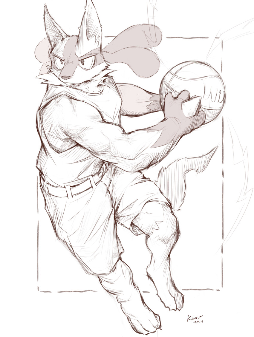 4_fingers 4_toes action_pose anthro athletic athletic_anthro athletic_male ball barefoot basketball_(ball) belt biped bottomwear claws clothed clothed_anthro clothed_male clothing feet fingers front_view fully_clothed fully_clothed_anthro fully_clothed_male fur furrowed_eyebrows hand_spike holding_ball holding_object looking_at_viewer male mouth_closed neck_tuft plantigrade pokemorph pose shorts simple_background sleeveless_shirt snout solo spikes spikes_(anatomy) tail tan_background text toe_claws toes tuft kuromonsart nintendo pokemon generation_4_pokemon lucario pokemon_(species) 2025 absurd_res artist_name dated digital_drawing_(artwork) digital_media_(artwork) english_text full-length_portrait hatching_(art) hi_res monochrome portrait shaded