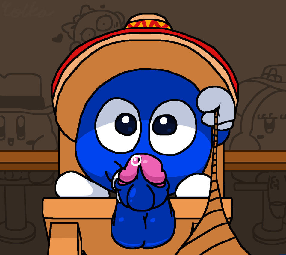 balls blue_balls blue_penis chair clothing female flower_in_hat furniture genitals glans gloves group handwear hat headgear headwear leashed_viewer male not_furry penis penis_towards_viewer pink_glans solo_focus sombrero stool vulva white_clothing white_gloves white_handwear yolka kirby_(series) nintendo kirby lalala lololo waddle_dee waddling_head hi_res