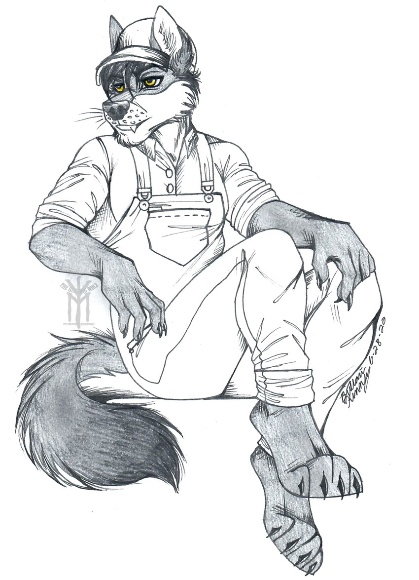 anthro ballcap clothing country hat headgear headwear male overalls pose solo western thehuntingwolf arwin canid canine canis fox hybrid mammal wolf hi_res pinup traditional_media_(artwork)