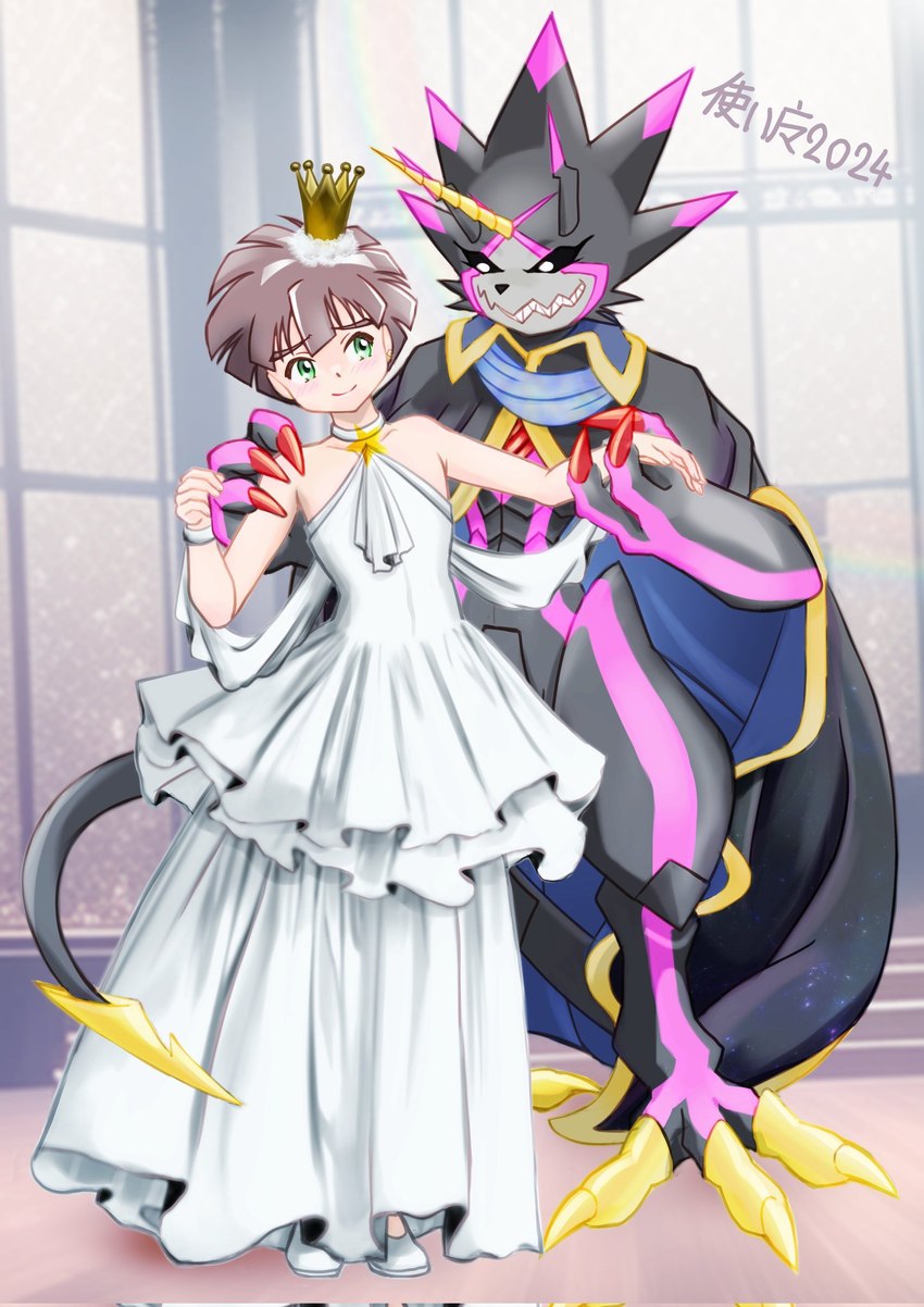 anthro belt black_body black_sclera cape clothed clothing crossdressing dress duo glowing glowing_eyes grin horn male male/male smile stinger_tail wedding wedding_dress young vfcou bandai_namco digimon digimon_ghost_game hiro_amanokawa digimon_(species) gulusgammamon human mammal scalie hi_res