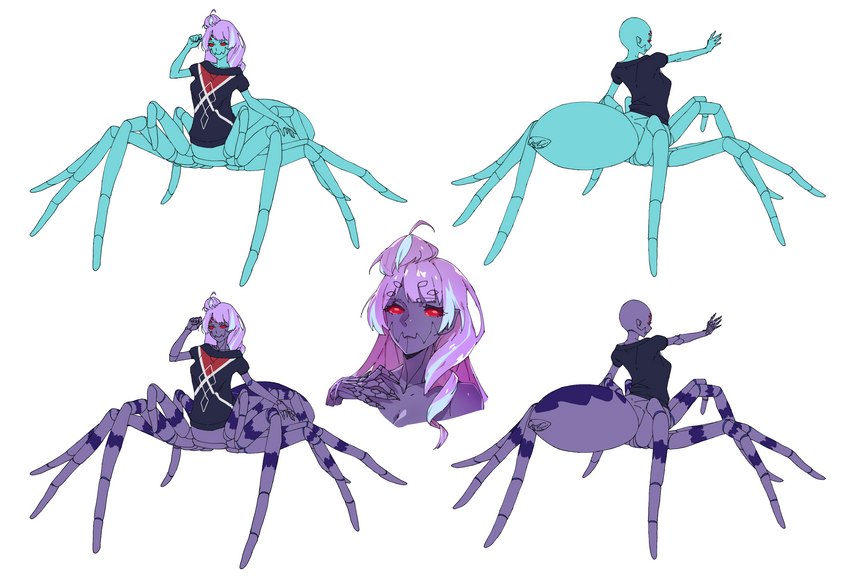 arthropod_abdomen bald big_breasts black_clothing black_shirt black_topwear blue_body breasts claws clothed clothing exoskeleton female hair multi_eye multicolored_body multicolored_exoskeleton nipples purple_body purple_exoskeleton purple_hair red_eyes shirt short_hair solo topwear two_tone_body two_tone_exoskeleton madiblitz european_mythology greek_mythology macross mythology mikumo_guynemer arachne arachnid arachnid_taur arthropod arthropod_taur humanoid spider spider_taur taur absurd_res hi_res