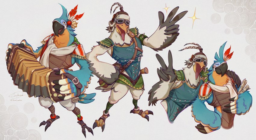 accordion anthro arm_on_shoulder beak biceps blue_body blue_feathers blush duo eyewear feathers gesture goggles hand_gesture male musical_instrument open_mouth pecs scarf sparkles tongue v_sign white_body white_feathers yellow_eyes third_cookie breath_of_the_wild nintendo tears_of_the_kingdom the_legend_of_zelda kass_(tloz) penn_(tloz) avian bird parrot pelecaniform pelican rito hi_res