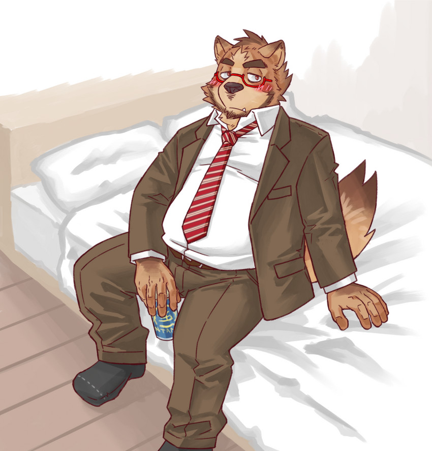 anthro bed belly blush bottomwear clothing eyewear furniture glasses humanoid_hands kemono male mature_anthro mature_male necktie pants pillow shirt sitting slightly_chubby solo topwear ryuta-h canid canine mammal 2015