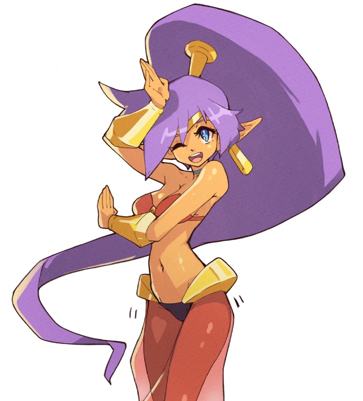 breasts clothing female hair humanoid_pointy_ears long_hair navel not_furry one_eye_closed open_mouth open_smile pointy_ears ponytail purple_hair simple_background smile solo wink vins-mousseux shantae_(series) wayforward shantae genie humanoid 2019