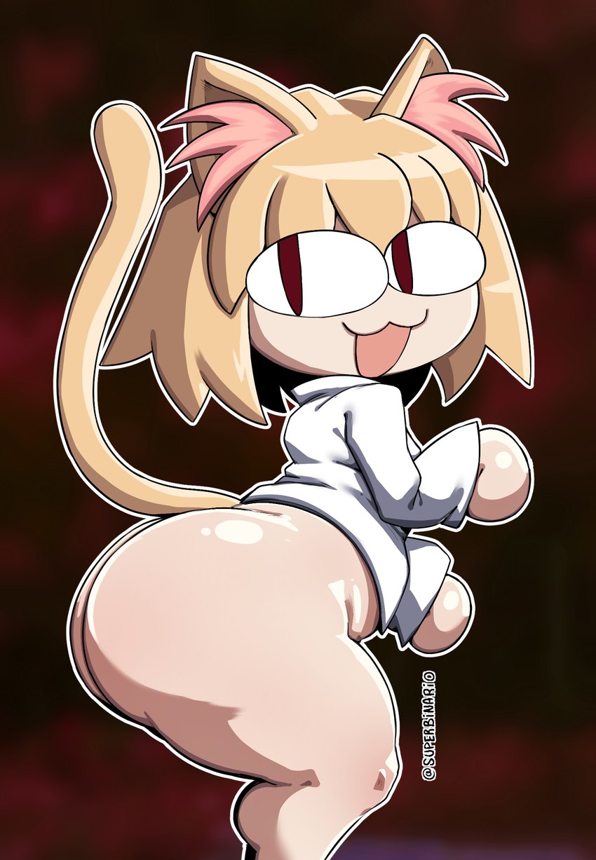 :3 big_butt blonde_hair bottomless butt clothed clothing female female_humanoid hair looking_at_viewer open_mouth red_eyes short_stack simple_background solo topwear superbinario tsukihime type-moon neco-arc animal_humanoid cat_humanoid felid felid_humanoid feline feline_humanoid humanoid mammal mammal_humanoid digital_media_(artwork) hi_res