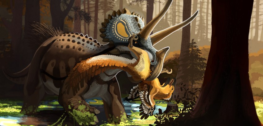 bite feathered_wings feathers fight forest horn outside plant struggling swamp tree trike wings technesaurus hyenphea ceratopsian dakotaraptor dinosaur dromaeosaurid ornithischian prehistoric_species reptile scalie theropod triceratops hi_res