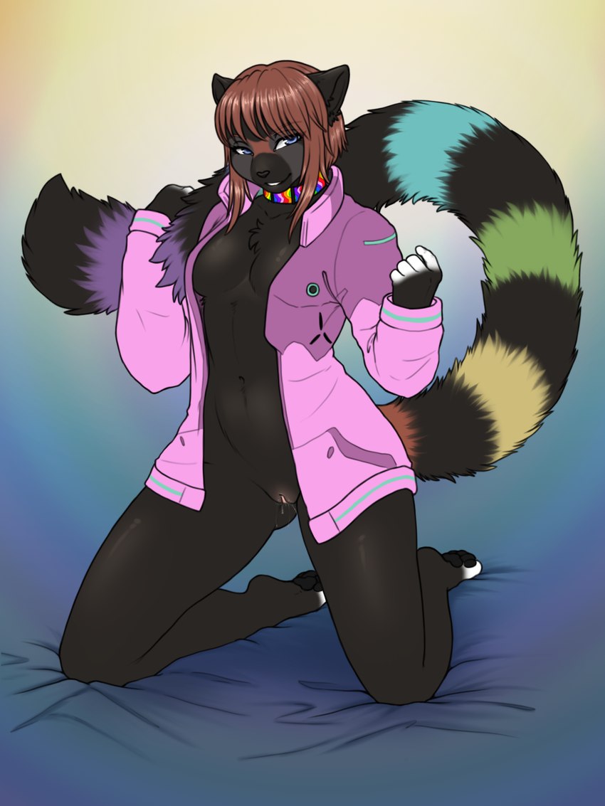 anthro beckoning bodily_fluids bottomless clothed clothing cosplay female genital_fluids genitals gesture jacket jacket_only multicolored_tail paws pussy rainbow_tail seductive solo spread_legs spreading tail topwear topwear_only vaginal_fluids ajna ramzi_(razumi) ailurid mammal red_panda 3:4 hi_res