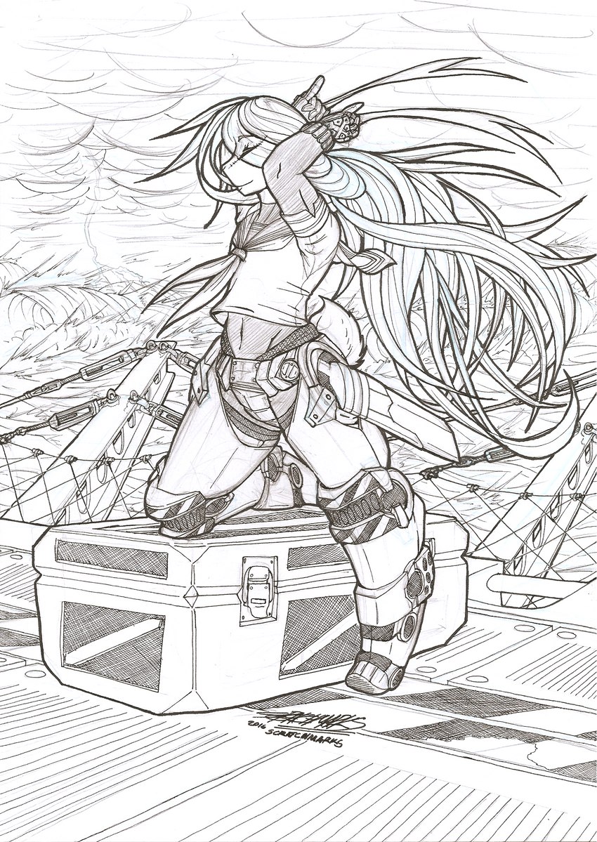 anthro armor athletic athletic_anthro athletic_female biped clothed clothing female hair long_hair military navy pose sailor sea ship solo storm vehicle water watercraft scratchmarks souxjin_celestia_grey lagomorph leporid mammal rabbit 2016 hi_res monochrome pinup traditional_media_(artwork)