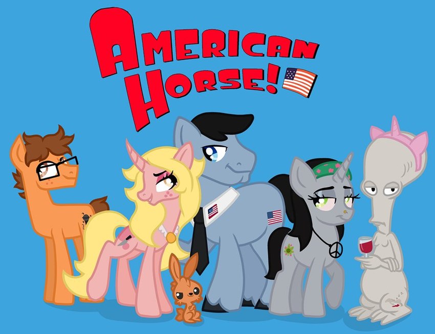 blue_background blue_eyes eyewear female glasses green_eyes green_kerchief group kerchief male necktie simple_background waitrosehater american_dad friendship_is_magic hasbro my_little_pony angel_(mlp) francine_smith hayley_smith klaus_heisler roger_smith stan_smith steve_smith alien equid equine horse mammal pony roswell_grey