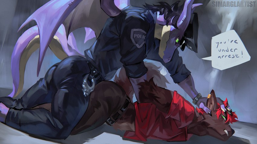 anthro arrested belt black_claws black_hair claws clothing cuff_(restraint) duo ear_piercing ear_ring fur gold_(metal) gold_jewelry green_eyes grey_body grey_fur grinding hair handcuffs horn intimate jewelry male male/male metal_cuffs piercing pinned pinned_arms police police_uniform purple_body purple_hair purple_scales red_clothing red_shirt red_topwear restrained restraints ring_piercing scales shirt speech_bubble suggestive tan_body tan_scales text topwear tuft uniform wings simargl_(artist) that_time_i_got_reincarnated_as_a_slime gabiru_(that_time_i_got_reincarnated_as_a_slime) koushiro canid canine canis dragonewt lizardman lizardman_(that_time_i_got_reincarnated_as_a_slime) mammal scalie wolf 16:9 widescreen