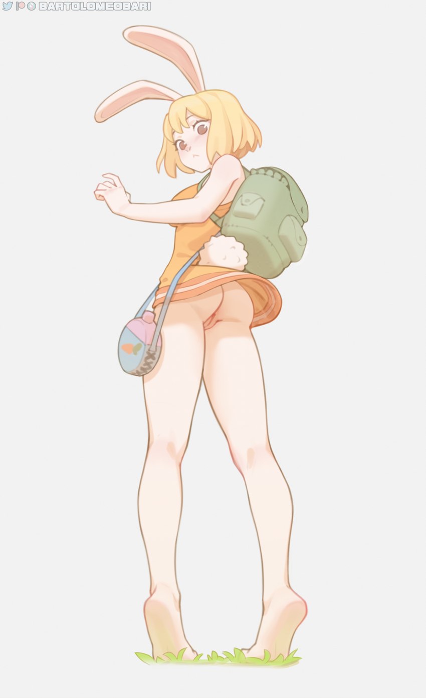 5_fingers :< anthro backpack bag bangs bare_arms bare_legs bare_shoulders barefoot biped blonde_hair bottomless breasts brown_eyes bubble_butt butt clothed clothed_anthro clothed_female clothing dress eyebrows eyelashes feet female female_anthro fingers furgonomic_dress furgonomics genitals grass green_backpack grey_background hair humanoid_hands long_ears looking_at_viewer looking_back looking_back_at_viewer minidress monotone_body monotone_hair mouth_closed no_pupils no_underwear orange_clothing orange_dress plant plantigrade pussy raised_heel rear_view short_dress short_hair short_tail simple_background slim slim_anthro slim_female soles solo standing tail tail_clothing text tiptoes twitter_logo upskirt white_body white_sclera white_tail bartolomeobari one_piece twitter carrot_(one_piece) lagomorph leporid mammal minkmen_(one_piece) rabbit artist_name full-length_portrait hi_res portrait