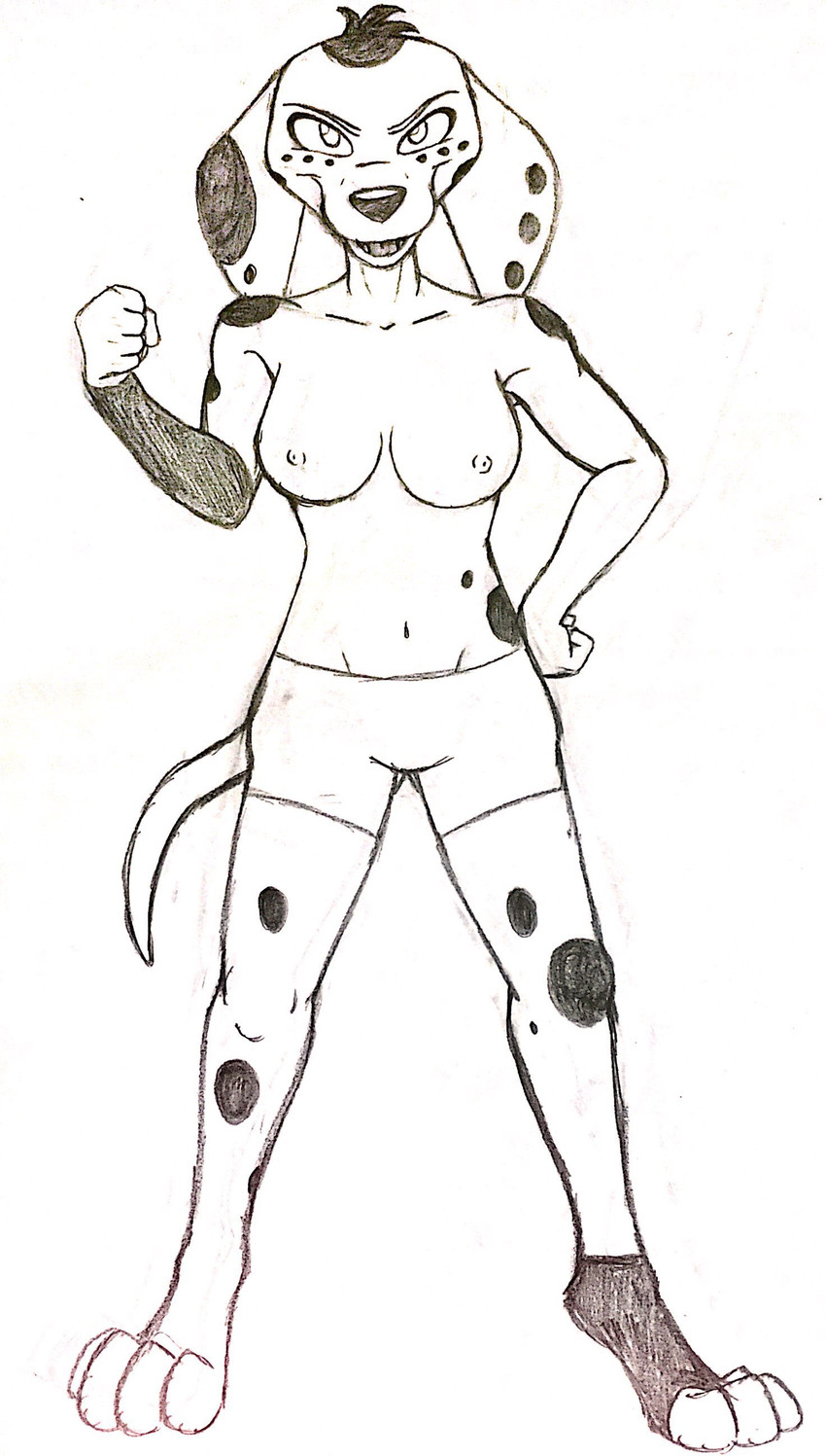 anthro female fusion solo anonymous_artist 101_dalmatian_street 101_dalmatians disney cadpig dolly_(101_dalmatians) canid canine canis dalmatian domestic_dog mammal absurd_res hi_res monochrome