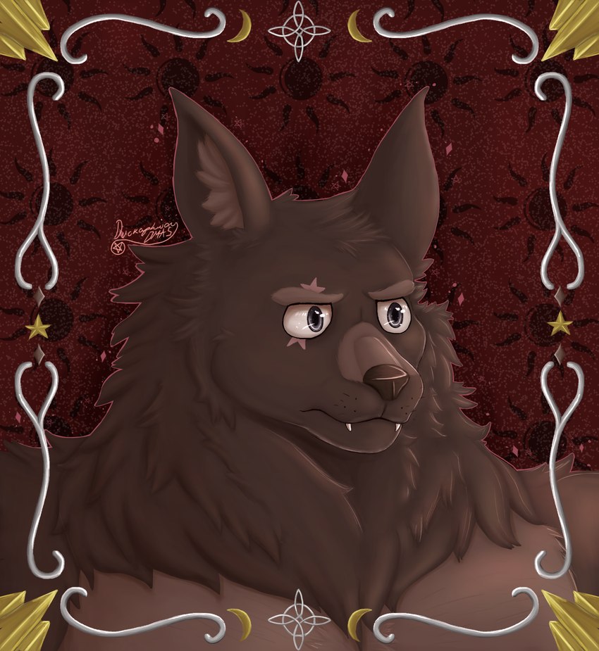 anthro brown_body brown_fur fur male musical_instrument plucked_string_instrument solo string_instrument duckaphion lyre_(visual_novel) lyall_(lyre) canid canine canis mammal wolf bust_portrait hi_res portrait