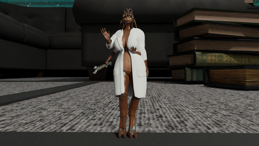 2_toes 4_arms 4_fingers anthro big_breasts black_eyes breasts brown_body clothing coat feet female fingers gesture horizontal_pussy lab_coat looking_at_viewer micro multi_arm multi_limb non-mammal_breasts pupils slit_pupils solo toes tools topwear waving white_clothing wrench yellow_sclera twoscale robin_(twoscale) arthropod blattodea cockroach insect 16:9 3d_(artwork) absurd_res digital_media_(artwork) hi_res widescreen