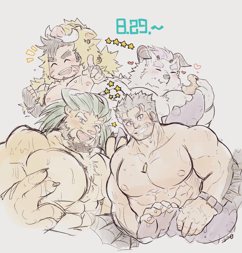 abs animal_skin anthro blush dessert doughnut eating food grin group male muscular muscular_anthro muscular_male nipples one_eye_closed pastry pecs shirtless smile tusks wink igarashi_ta lifewonders tokyo_afterschool_summoners arsalan_(tas) behemoth_(tas) dagon_(tas) gullinbursti_(tas) felid human lion mammal monster pantherine hi_res