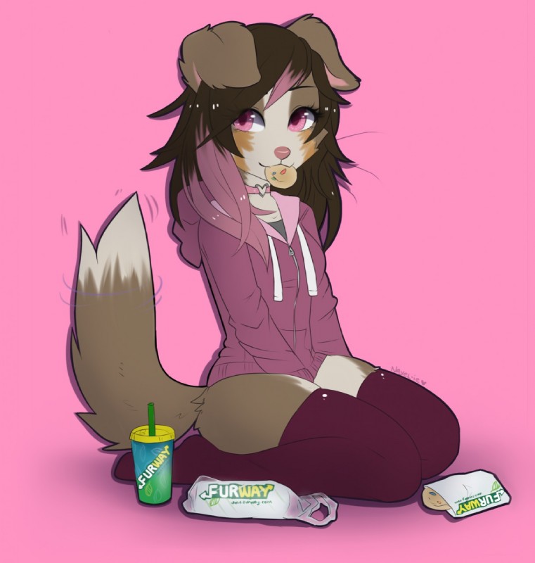 anthro beverage biped brown_hair clothed clothing cookie female food hair heart_symbol hoodie kneeling legwear looking_at_viewer pink_eyes sandwich_(food) simple_background smile solo submarine_sandwich tail tail_motion tailwag topwear nayel-ie subway_(restaurant) nana_(fadey) australian_shepherd canid canine canis domestic_dog herding_dog mammal pastoral_dog sheepdog 2017 hi_res