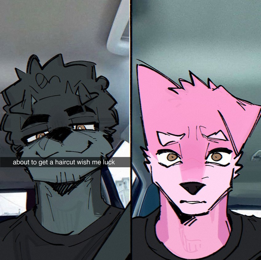 anthro biped black_nose brown_eyes caption clothed clothing detailed_background eyebrows fur grey_body grey_fur looking_at_viewer male mouth_closed one_ear_up pink_body pink_fur pupils smile smirk solo text goonie-san goon_(goonie_san) canid canine canis domestic_dog mammal english_text hi_res