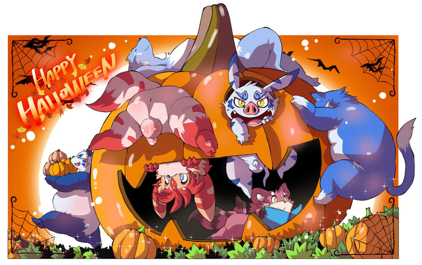 2_tails 3_toes 4_fingers ambiguous_gender animal_genitalia anthro anus balls belly big_butt black_body black_fur black_markings black_nose blue_balls blue_body blue_ear_tips blue_ears blue_eyes blue_fur blue_markings blue_tail book border butt cheek_tuft climbing cute_fangs dipstick_ears dipstick_tail ear_markings eyes_closed facial_tuft fangs feet female fingers flaccid food foreskin fur genitals glistening glistening_balls glistening_eyes glistening_genitalia gloves_(marking) grey_body grey_fur grey_markings grey_tail_tip group hair halloween_decoration head_tuft holding_food holding_object holidays jack-o'-lantern leg_markings light long_tail lying male markings multi_tail multicolored_body multicolored_ears multicolored_fur nude obscured_face on_back on_front open_mouth open_smile orange_body orange_ear_tips orange_eyes orange_fur overweight overweight_anthro penis pink_anus pink_balls pink_nose pink_tail plant pumpkin_patch pupils reading reading_book red_body red_ears red_fur red_hair red_markings red_tail red_tail_tip sheath slit_pupils small_balls smile socks_(marking) tail tail_markings teeth text thick_thighs toes tuft two_tone_body two_tone_ears two_tone_fur two_tone_tail upside_down white_body white_border white_fur white_sclera wide_hips yellow_eyes chibineco halloween hikaru_(chibineco) joker_(chibineco) mamoru_(chibineco) takeru_(chibineco) torakichi_(chibineco) yo-ta_(chibineco) ambiguous_species bear domestic_cat felid feline felis giant_panda mammal suid suine sus_(pig) 2025 colored digital_drawing_(artwork) digital_media_(artwork) english_text hi_res lighting shaded widescreen