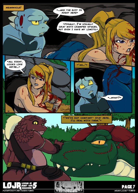 anthro big_breasts blood bodily_fluids breasts cleavage clothed clothing crying dialogue female male tears text yawg legend_of_jenny_and_renamon metroid nintendo star_fox bob_(yawg) drudgegut galdon samus_aran dinosaur human lizard mammal prehistoric_species reptile scalie sharpclaw_(star_fox) 2016 comic crossover english_text hi_res