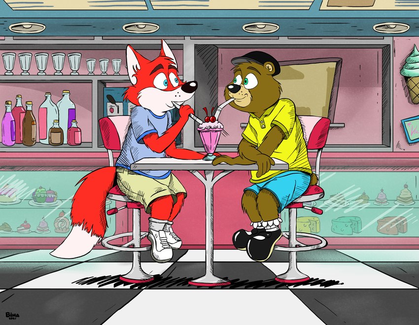 anthro beverage blue_eyes brown_body brown_fur clothing dessert duo eye_contact food footwear frilly frilly_clothing frilly_footwear frilly_socks fur green_eyes hat headgear headwear ice_cream looking_at_another male male/male mary_janes milkshake red_body red_fur sharing sharing_beverage sharing_food sharing_milkshake shirt shoes sneakers socks store topwear white_body white_fur yellow_clothing yellow_shirt yellow_topwear bimbeaver27 al_bear_(character) dexter_fox bear canid canine fox mammal absurd_res hi_res