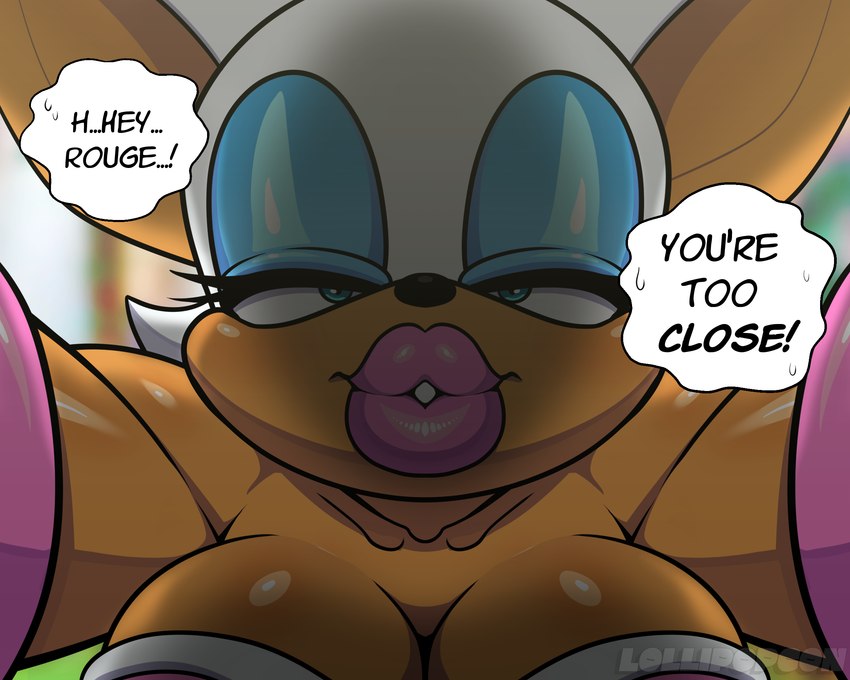 anthro armwear breasts cleavage close-up clothed clothing dialogue eyeshadow female fur imminent_kiss lips lipstick looking_at_viewer makeup narrowed_eyes pink_lips solo speech_bubble tan_body tan_skin text thick_lips white_body white_fur lollipopcon sega sonic_the_hedgehog_(series) rouge_the_bat bat mammal 2024 5:4 english_text hi_res