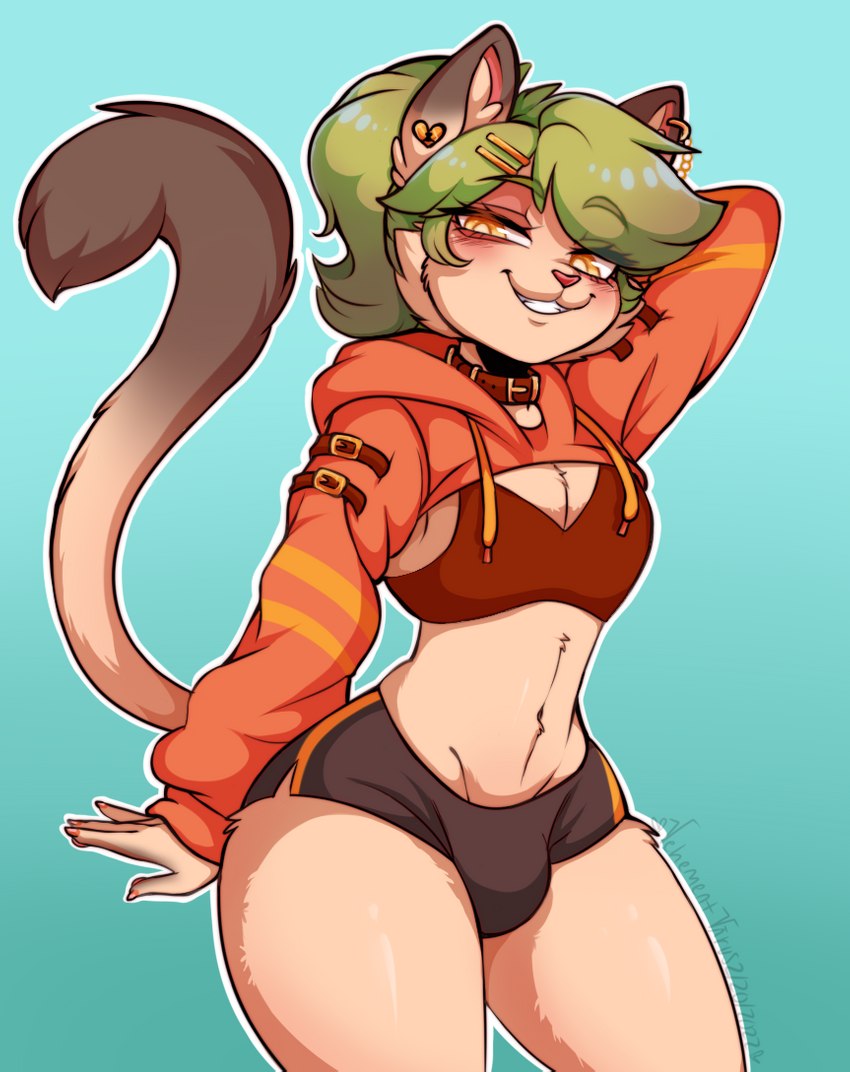 anthro athletic_wear belly blush bottomwear bulge clothing femboy feminine_pose green_hair hair hoodie male shorts smile solo topwear yellow_eyes vehementvirus anisette_(noitro) domestic_cat felid feline felis mammal