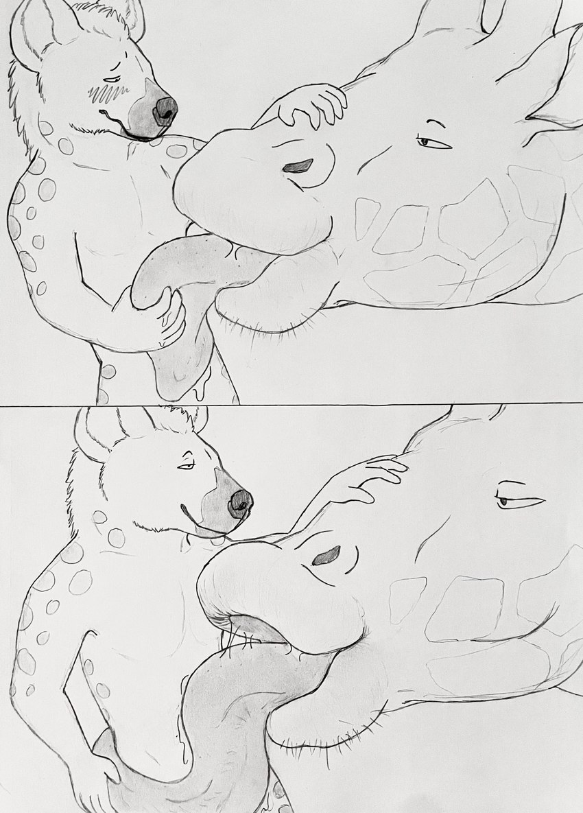 anthro blush bodily_fluids drooling duo eye_contact feral hand_on_tongue licking lips looking_at_another male male/male mawplay on_tongue oral_vore prehensile_tongue saliva size_difference soft_vore tongue tongue_out tongue_wrap tongueplay vore hgythshs giraffe giraffid hyena mammal spotted_hyena hi_res sketch traditional_media_(artwork)