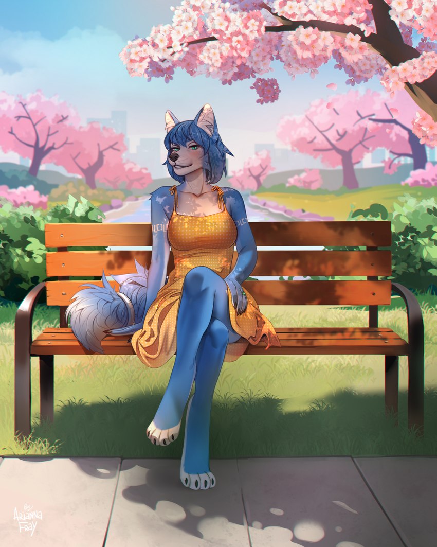 anthro bench blue_body blue_eyes blue_fur blue_hair breasts cherry_blossom cherry_tree clothing crossed_legs day dress female flower fluffy fluffy_tail front_view fruit_tree fur hair inner_ear_fluff outside park park_bench plant prunus_(flower) sitting sky solo sundress tail tree tuft yellow_clothing yellow_dress ariannafray_pr nintendo star_fox krystal_(star_fox) canid canine fox mammal 2024 4:5 hi_res