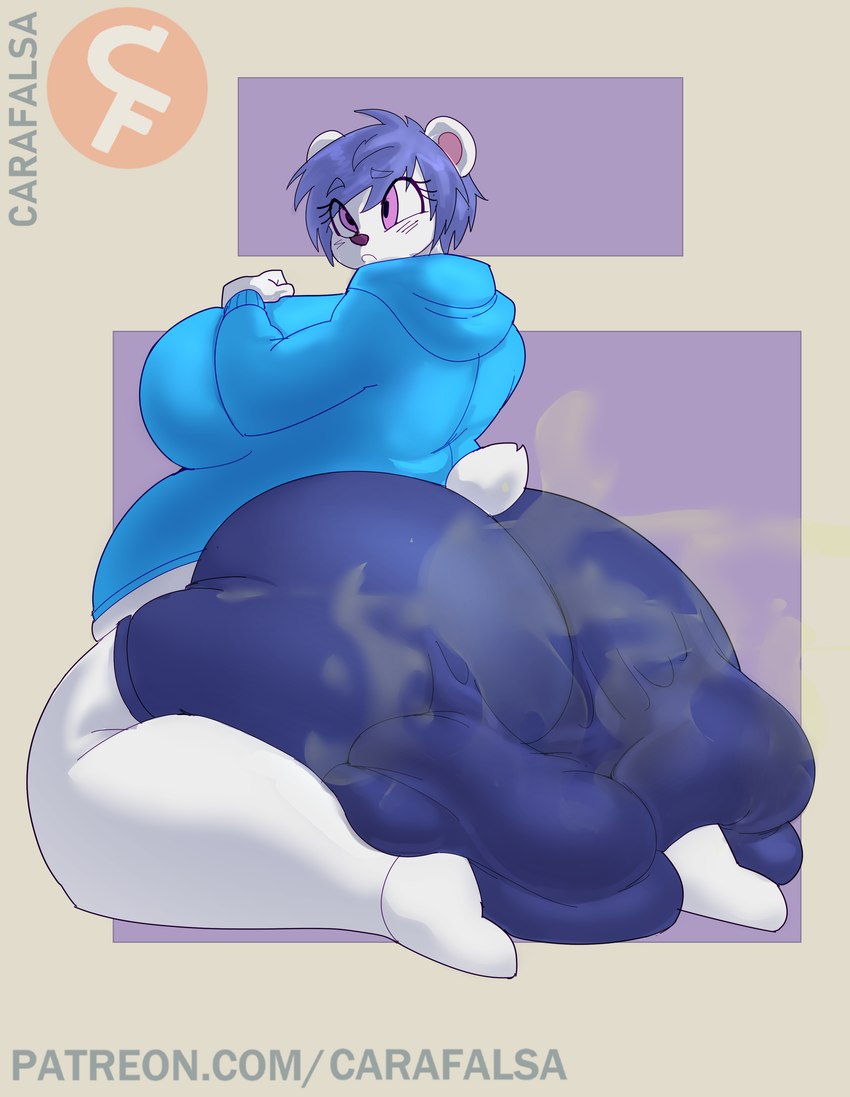 anthro belly big_belly big_breasts big_butt blue_bottomwear blue_clothing blue_hair blue_hoodie blue_shorts blue_topwear blush blush_lines bottomwear breasts butt clothing constricted_pupils eyebrow_through_hair eyebrows feces female footwear fur hair hand_on_breast hoodie huge_butt logo overweight overweight_female pink_eyes pooping pupils raised_eyebrows scatplay short_tail shorts simple_background small_pupils socks soiling soiling_bottomwear solo stink_cloud stink_fumes surprise tail text thick_thighs topwear translucent translucent_hair white_body white_clothing white_footwear white_fur white_socks wide_hips carafalsa yu_(amethyst8807) bear mammal polar_bear ursine 2020 absurd_res artist_logo digital_drawing_(artwork) digital_media_(artwork) hi_res signature unavailable_at_source url