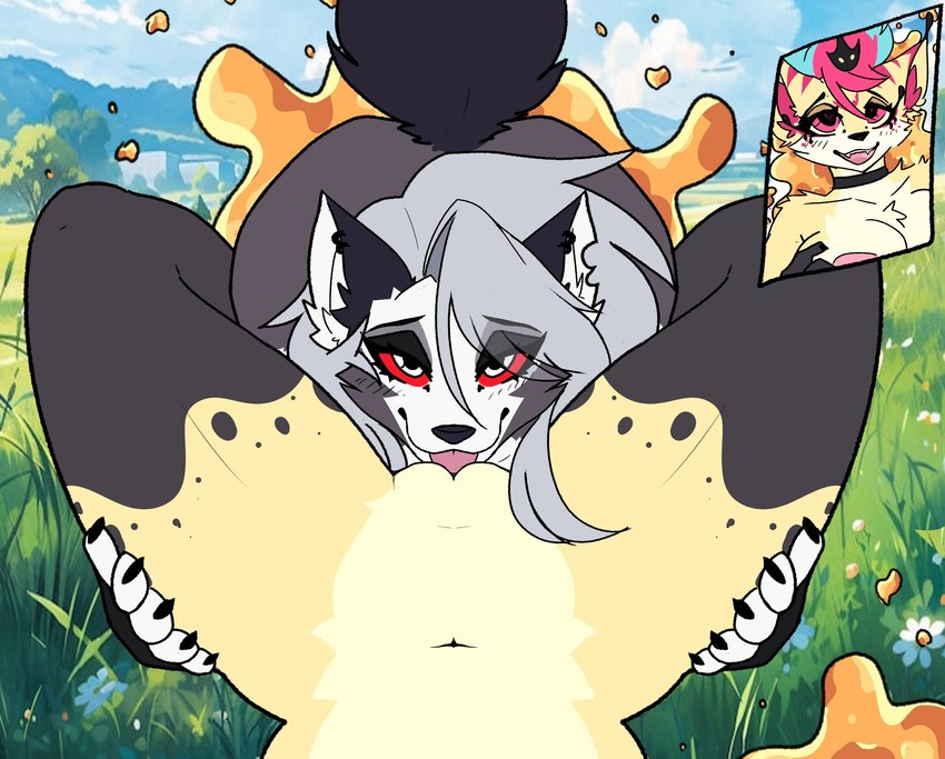 anthro ass_up bedroom_eyes big_butt blush blush_lines butt cheek_tuft claws cunnilingus detailed_background duo ear_piercing ear_ring ears_up eyelashes eyeshadow facial_tuft female female/female female_pov first_person_view flower fluffy fluffy_tail food fur fur_markings genitals grass hair hands_on_hips honey_(food) inner_ear_fluff licking long_hair looking_at_viewer makeup markings narrowed_eyes nature nature_background navel nude oral painting piercing plant pussy ring_piercing seductive sex tail thick_thighs tongue tongue_out tuft vaginal james_andromeda helluva_boss mythology loona_(helluva_boss) queen_bee-lzebub_(helluva_boss) canid canid_demon canine demon hellhound mammal mythological_canine mythological_creature detailed digital_drawing_(artwork) digital_media_(artwork) digital_painting_(artwork) flat_colors hi_res painting_(artwork)