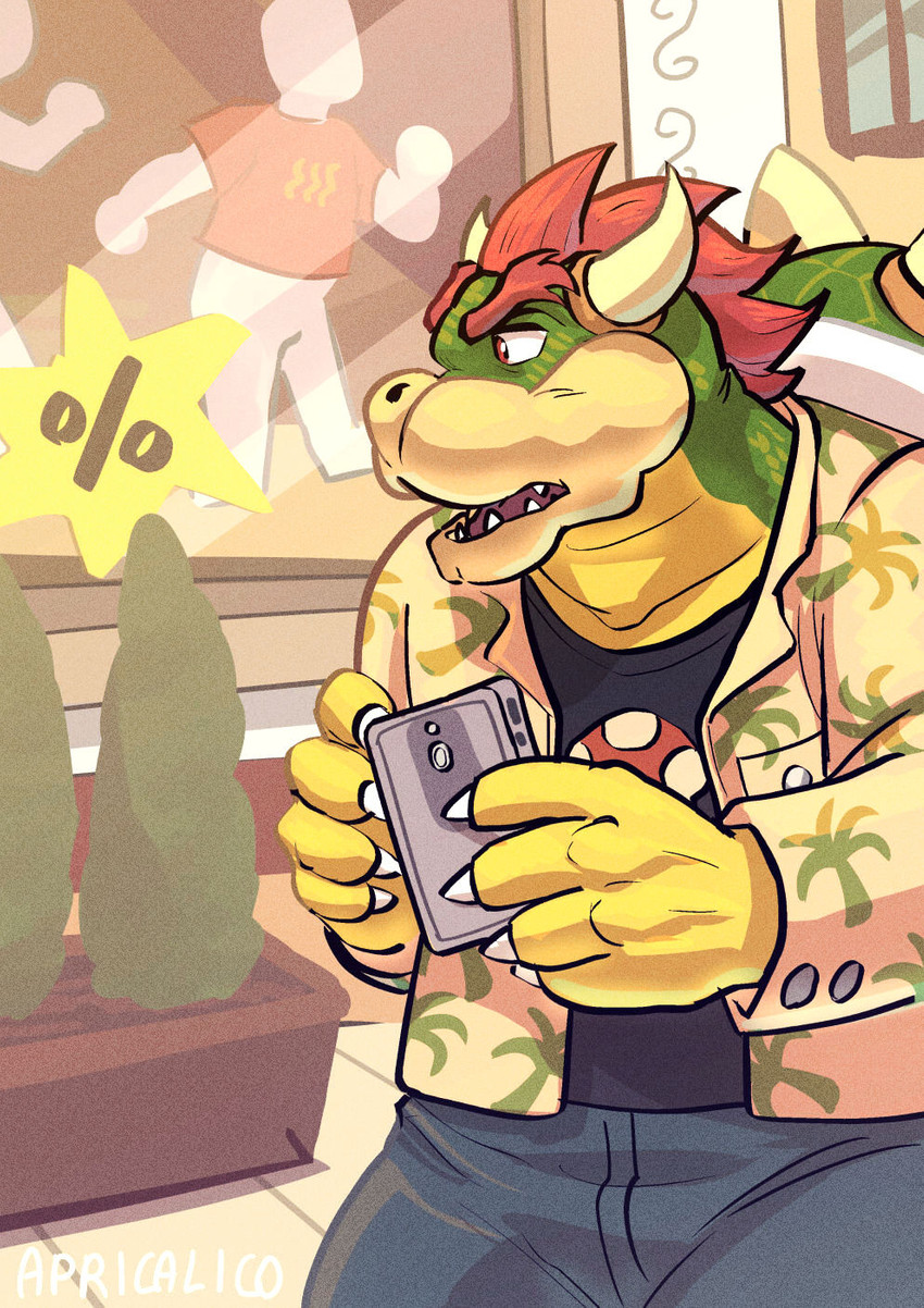 anthro bottomwear casual_clothing cellphone clothed clothing denim denim_bottomwear denim_clothing discount electronics fully_clothed hair jeans male mall mannequin pants phone plant shirt solo topwear tree apricalico mario_bros nintendo bowser koopa reptile scalie hi_res