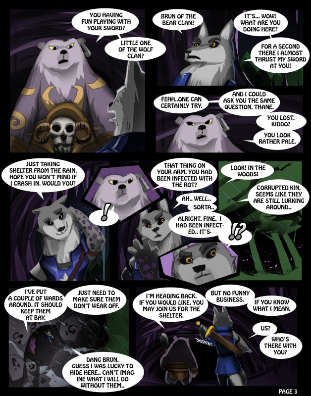 amber_eyes anthro bone cave club_(weapon) exclamation_point forest fur jewelry melee_weapon piercing plant raining skull sword text tree weapon purpleground02 armello league_of_geeks brun_(armello) thane_(armello) bear canid canine canis mammal wolf absurd_res comic digital_media_(artwork) english_text hi_res