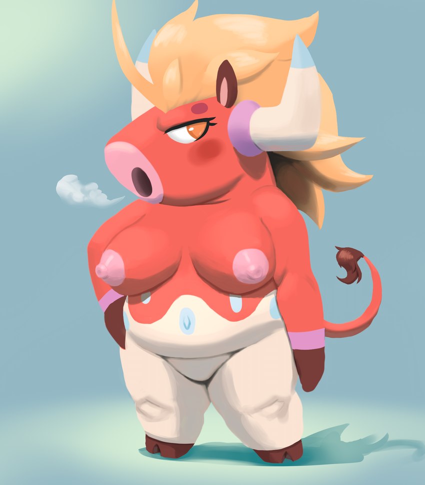 anthro areola belly big_breasts blush breasts fat_legs female multicolored_body nipples nude simple_background solo tail tippycat nexomon mu bovid bovine mammal nexomon_(species) digital_media_(artwork) hi_res