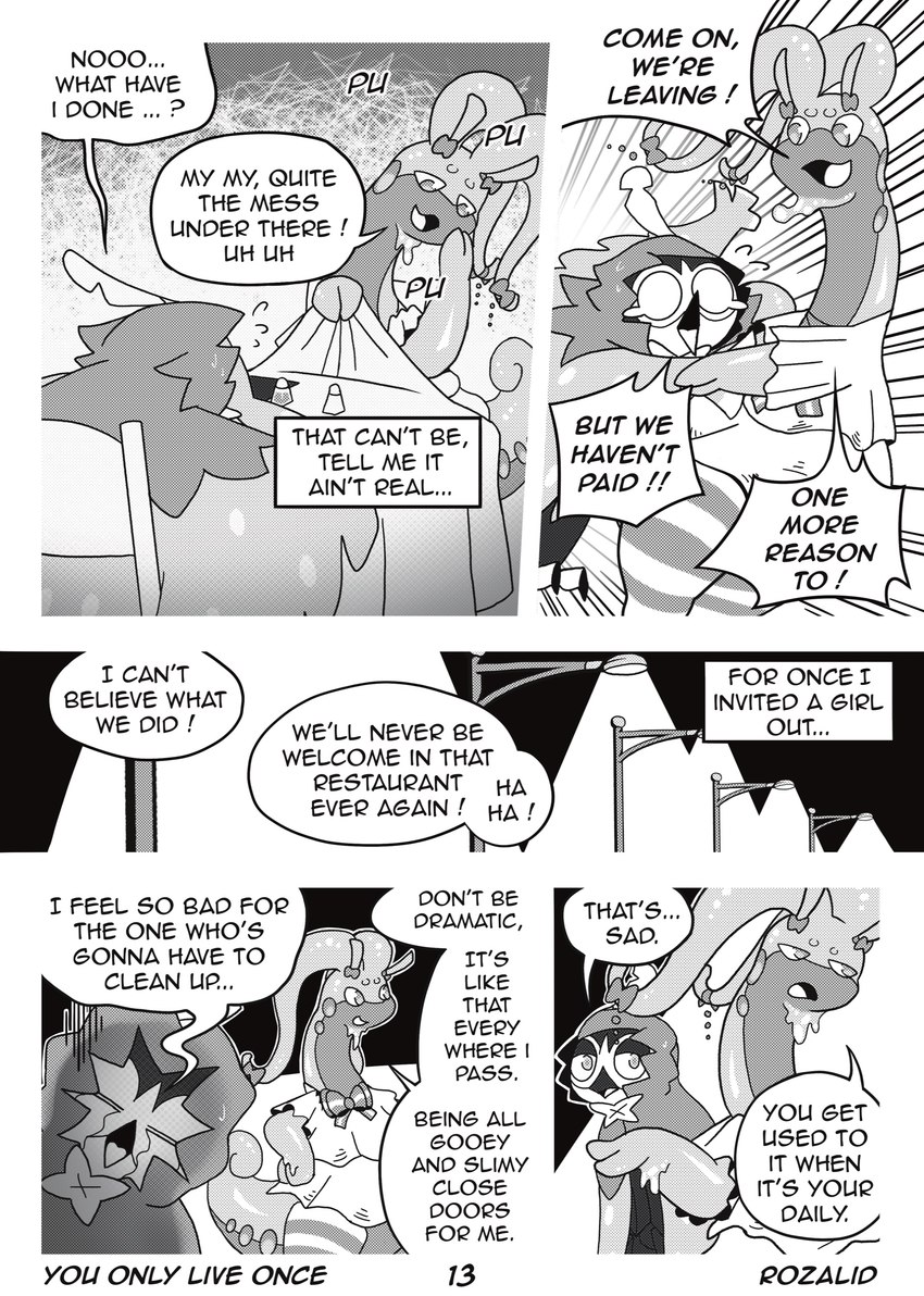 anthro clothed clothing dialogue duo embarrassed female male male/female mischievous restaurant slime text rozalid nintendo pokemon you_only_live_once louis_(decidueye) mugu_(goodra) avian decidueye generation_6_pokemon generation_7_pokemon goo_creature goodra pokemon_(species) absurd_res comic english_text hi_res monochrome