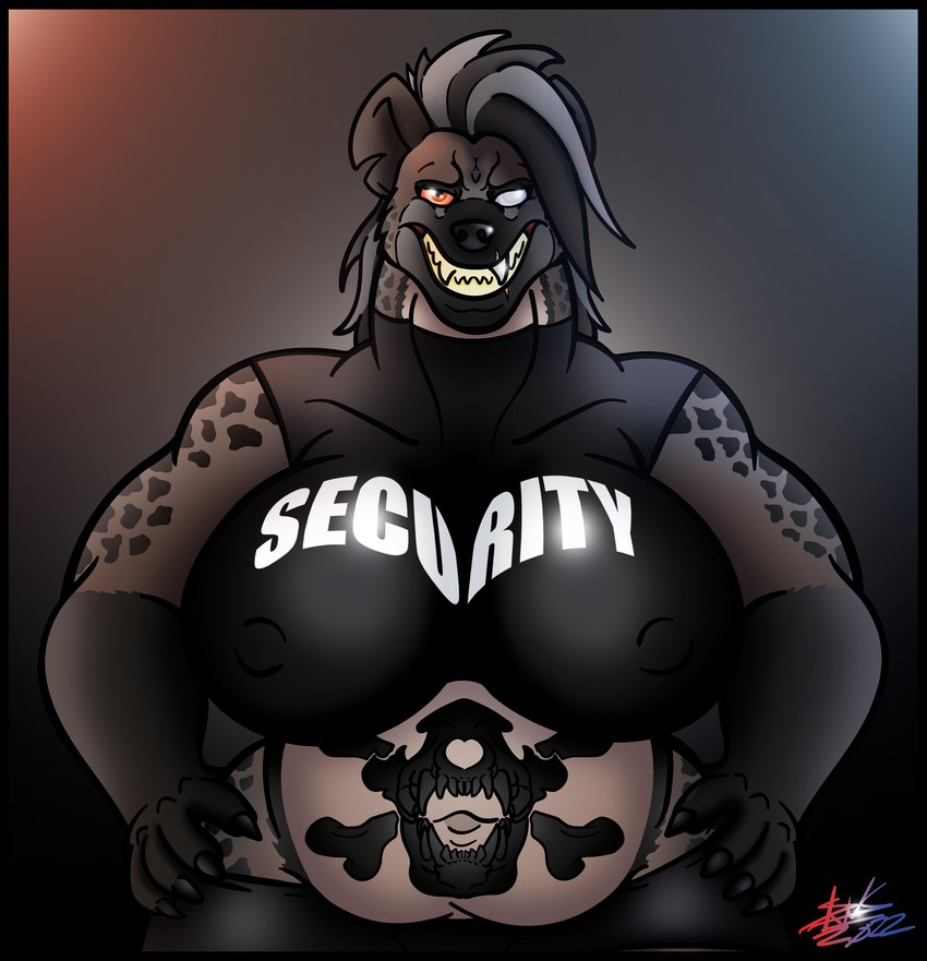 1_eye anthro belly_tattoo big_breasts blind_eye bloodshot_eyes bouncer breasts female form_fitting fur grey_body grey_fur greying_hair grin hands_on_hips heterochromia mature_female metal_teeth mohawk notched_ear scar security security_guard skull_tattoo slightly_chubby smile solo stocky tattoo text skianous jacklyn_sheen hyena mammal spotted_hyena absurd_res hi_res impact_(font)