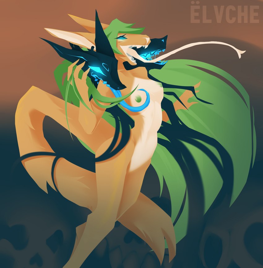 anthro blue_body blue_eyes bone duo female fur glowing glowing_eyes green_hair hair long_hair long_tongue nipples nude skull solo_focus tail tan_body tan_fur tongue tongue_out conditional_dnp elvche elva canid goo_creature mammal digital_media_(artwork) hi_res