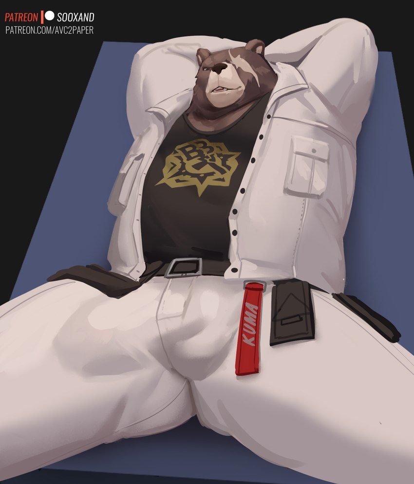 anthro balls_outline belt black_clothing black_shirt black_topwear bottomwear bulge clothed clothing detailed_bulge down_the_leg_bulge emblem eye_scar facial_scar genital_outline hands_behind_head lying male on_back pants patreon_logo penis_outline scar shirt slightly_chubby solo suggestive_pose text topwear white_bottomwear white_clothing white_pants white_topwear sooxand mihoyo patreon zenless_zone_zero ben_bigger bear brown_bear grizzly_bear mammal ursine 2022 artist_name english_text hi_res url