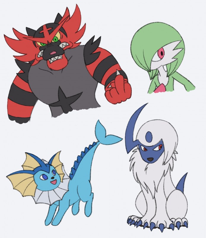 ambiguous_gender anthro feral group tail itoruna nintendo pokemon absol eeveelution gardevoir generation_1_pokemon generation_3_pokemon generation_7_pokemon incineroar pokemon_(species) vaporeon 2019 digital_media_(artwork) hi_res