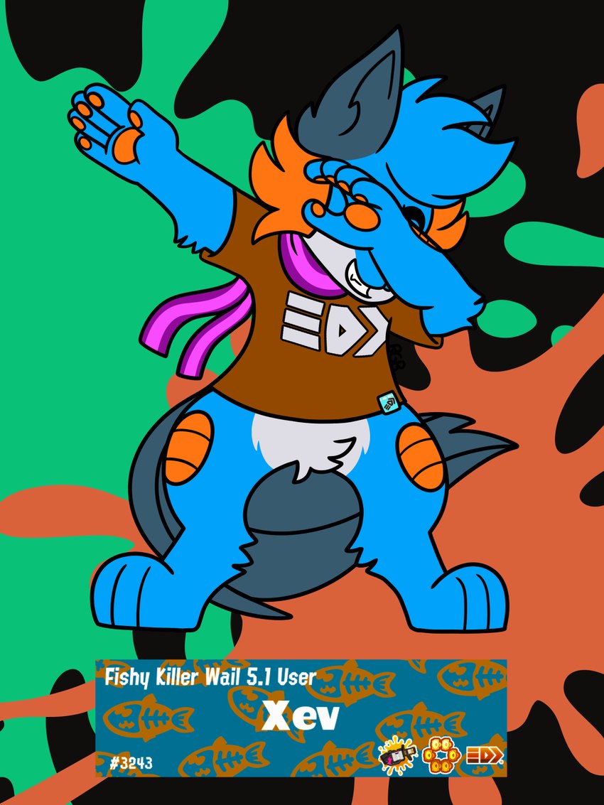 .96_gal 3_toes 5_fingers badge blue_body blue_fur bottomless brown_clothing brown_ink brown_shirt brown_topwear clothed clothing countershading crotch_tuft dabbing digitigrade eyes_closed feet fin fingerpads fingers fur green_ink grin head_tuft killer_wail_5.1 male orange_body orange_gills orange_scales pattern_clothing pattern_scarf pawpads persim_scarf pose scales scarf shirt smile solo splashtag splatter striped_clothing striped_scarf stripes tail tail_fin text toes topwear tuft victory_pose white_body white_countershading rgbovine_art nintendo pokemon splatoon xevy canid canine canis generation_3_pokemon hybrid mammal pokemon_(species) swampert wolf 3:4 constructed_script hi_res inkling_text meme