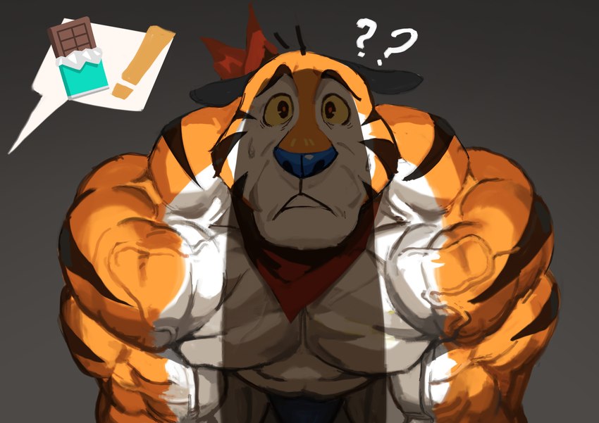 abs anthro barazoku biceps big_muscles bodily_fluids bulge candy chocolate clothed clothing deltoids dessert exclamation_point eyebrows food frown fur grey_background huge_arms huge_muscles imminent_sex kemono kerchief kneeling looking_at_viewer looming male mascot muscular muscular_anthro muscular_male neckerchief neckwear nervous offscreen_character pecs penis_shadow question_mark shadow simple_background solo speech_bubble sweat thick_arms thong topless topless_anthro topless_male tuft underwear vein veiny_muscles traver009 frosted_flakes kellogg's tony_the_tiger felid mammal pantherine tiger 2024 absurd_res hi_res pictographics