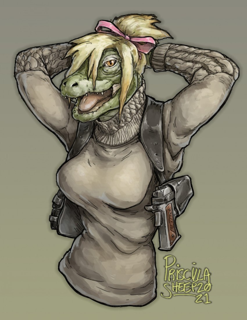 anthro blonde_hair breasts clothed clothing female fully_clothed green_body green_scales gun hair hair_over_eye handgun hands_behind_head holster holstered_pistol m1911 one_eye_obstructed open_mouth pistol ponytail pupils ranged_weapon scales sharp_teeth slit_pupils solo sweater teeth topwear turtleneck weapon priscillasheep alligator alligatorid crocodilian reptile scalie half-length_portrait hi_res portrait