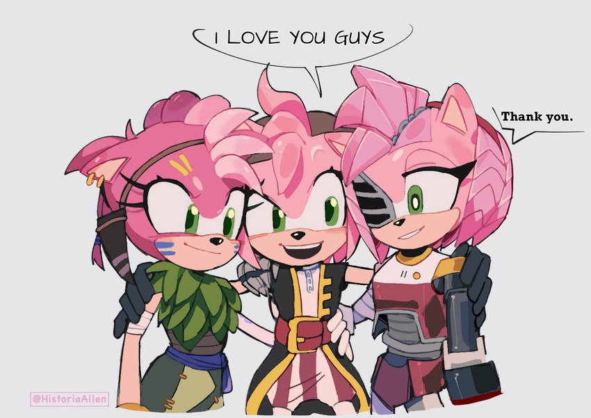 accessory anthro clothing cybernetics dialogue eye_contact female group hair_accessory hairband looking_at_another machine open_mouth open_smile simple_background smile speech_bubble square_crossover text trio historiaallen netflix sega sonic_prime sonic_the_hedgehog_(series) amy_rose black_rose_(sonic) rusty_rose thorn_rose cyborg eulipotyphlan hedgehog mammal absurd_res english_text hi_res signature