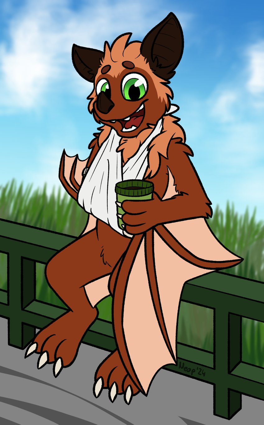 anthro bandage bandaged_arm bandaged_wing brown_body brown_fur brown_wings claws container cup detailed_background fangs finger_claws fur grass green_eyes holding_object looking_at_viewer male membrane_(anatomy) membranous_wings mug neck_tuft outside plant railing semi-anthro sitting_on_object sky smile smiling_at_viewer solo teeth three-quarter_view toe_claws toony tuft winged_arms wings moemneop pavlos_andriades bat leaf-nosed_bat mammal microbat yangochiropteran 2024 digital_drawing_(artwork) digital_media_(artwork) hi_res signature