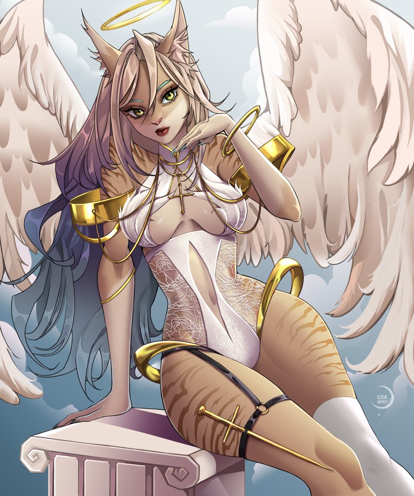 5_fingers anthro breasts clothed clothing day detailed_background eyebrows eyelashes feathered_wings feathers female fingers fur green_eyes hair looking_at_viewer navel outside sky solo wings lisaamint hybrid 2022 digital_media_(artwork) hi_res