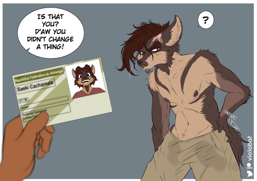 age_difference aged_down anthro brown_body brown_fur clothed clothing dialogue fur gold_(metal) gold_tooth hair humor id_card looking_at_viewer male mature_male nipples red_hair scar scratching scratching_butt scratching_self sidecut smile solo stained_clothing text toothpick topless young viola_bat saeki_(viola_bat) bush_dog canid canine mammal absurd_res english_text hi_res