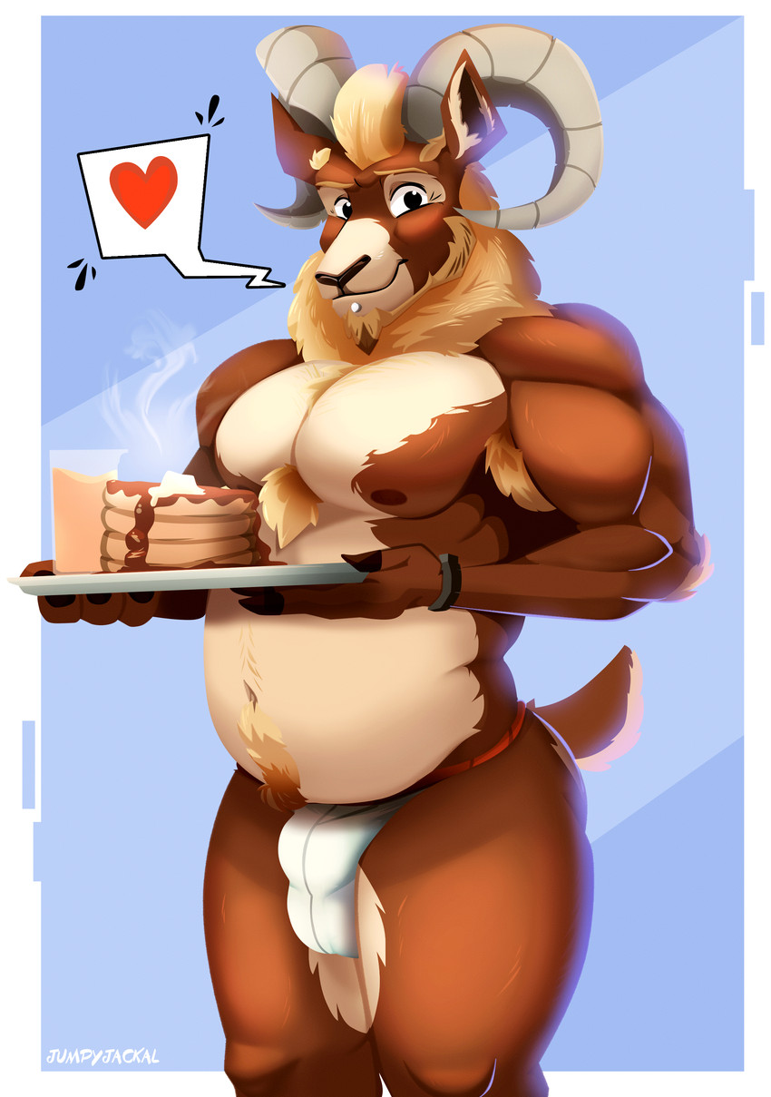 abstract_background anthro arm_tuft armpit_hair aroma balls_outline beard beverage biceps big_bulge big_muscles big_pecs biped blonde_hair blue_background body_hair bulge chest_hair chest_tuft chin_piercing clock clothing container countershading cup detailed_bulge ears_up elbow_tuft facial_hair food front_view fur genital_outline goatee grin hair happy happy_trail heart_symbol holding_food holding_object horn huge_pecs inner_ear_fluff looking_at_viewer male male_anthro mature_male multicolored_body multicolored_fur musclegut muscular muscular_male navel neck_tuft nipples pancake pecs platter presenting scut_tail short_tail simple_background smile solo tail thick_thighs tuft two_tone_body two_tone_fur underwear watch wristwatch jumpy_jackal goat_dad_(jumpyjackal) bighorn_sheep bovid caprine mammal sheep absurd_res hi_res
