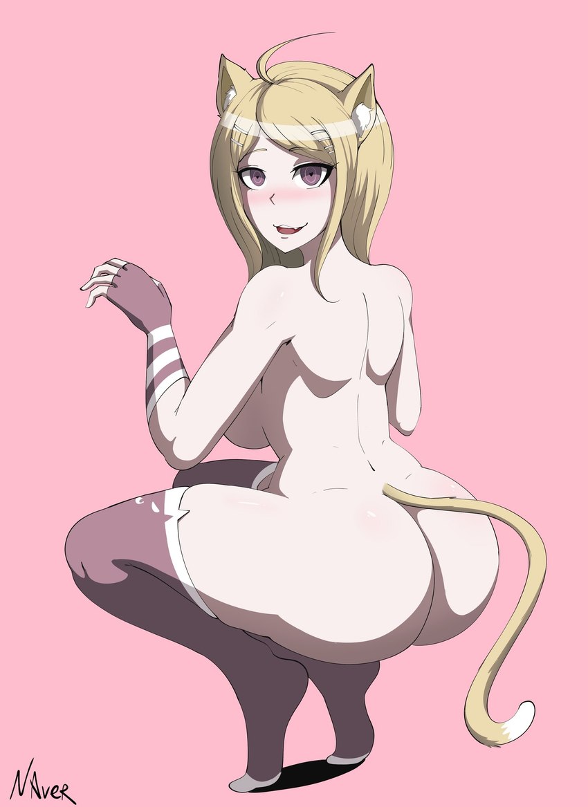 ahoge alternate_species animal_ears animal_tail big_breasts big_butt blonde_hair blush breasts butt clothing crouching eyelashes female fingerless_gloves gloves hair handwear heart_eyes heart_symbol huge_butt legwear looking_at_viewer looking_back looking_back_at_viewer nude open_mouth open_smile pink_background purple_clothing purple_eyes purple_gloves purple_handwear purple_legwear purple_thigh_highs rear_view simple_background smile solo tan_body tan_skin thick_thighs thigh_highs wide_hips naver_(artist) danganronpa danganronpa_v3 spike_chunsoft kaede_akamatsu animal_humanoid cat_humanoid felid felid_humanoid feline feline_humanoid humanoid mammal mammal_humanoid hi_res