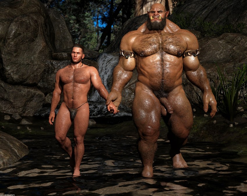 balls beard biceps body_hair chest_hair duo facial_hair flaccid foreskin genitals hand_holding male male/male muscular muscular_humanoid muscular_male nipple_piercing nipples penis piercing pubes romantic romantic_couple size_difference lex-icon human humanoid mammal orc 3d_(artwork) digital_media_(artwork) hi_res