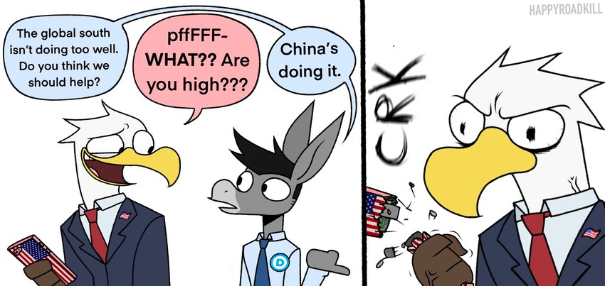 angry anthro beak cellphone china clothed clothing dialogue duo electronics humor male necktie phone political_cartoon politics smartphone sound_effects suit text united_states_of_america vein happyroadkill democrat democrat_donkey don_kennedy eric_eagle accipitrid accipitriform asinus avian bald_eagle bird donkey eagle equid equine mammal sea_eagle 2021 comic digital_drawing_(artwork) digital_media_(artwork) english_text flat_colors hi_res