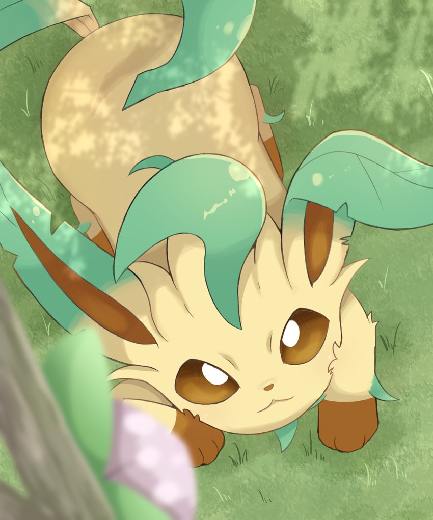 ambiguous_gender brown_sclera detailed_background feral fur grass green_body high-angle_view plant quadruped solo tan_body tan_fur white_eyes rumine nintendo pokemon eeveelution generation_4_pokemon leafeon pokemon_(species) hi_res